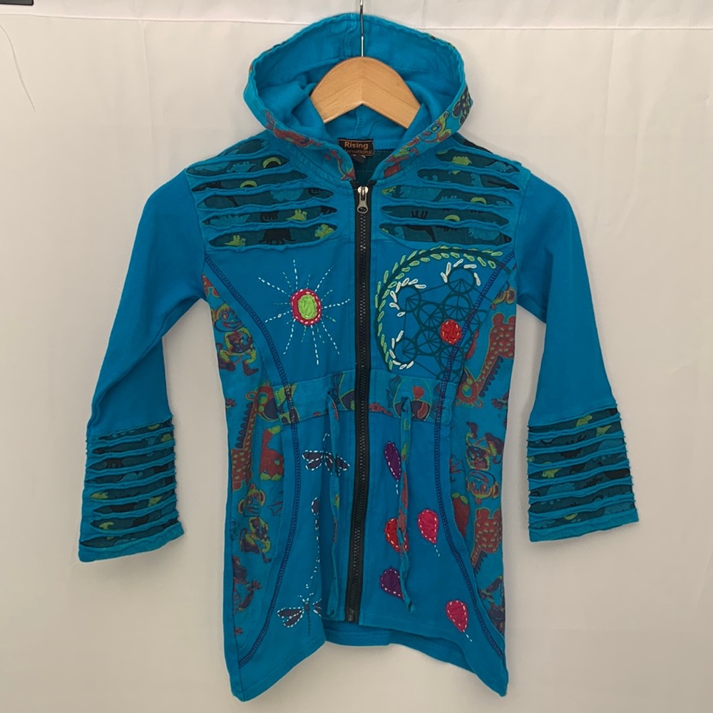 Rising International Embroidered Kid's Long Zip Hoodie Elf Blue Girl's Size 8